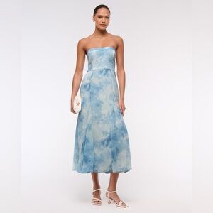 NWT The A&F Camille Strapless Godet Midi Dress Blue Watercolor